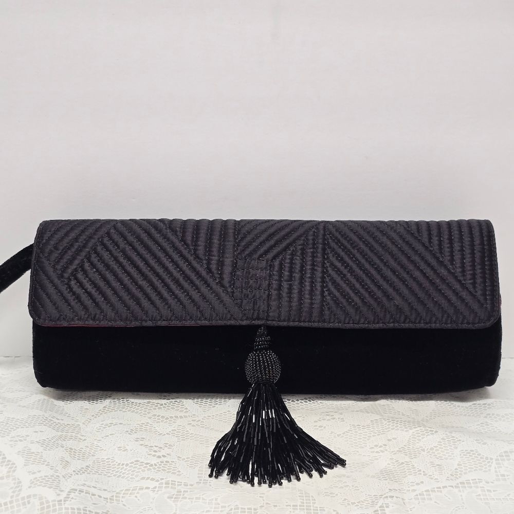 The Limited Velvet Velour Black Evening Clutch Wristlet With Beaded Tassel